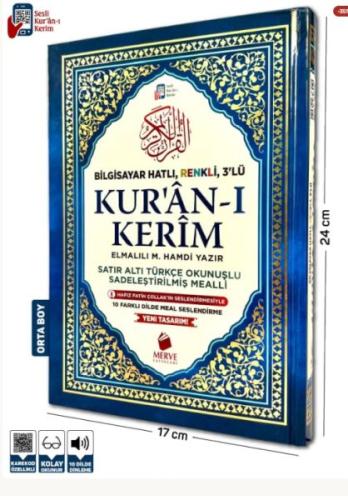 Orta Boy Satır Altı Türkçe Okunuşlu ve Türkçe Mealli Renkli Kuran-ı Kerim